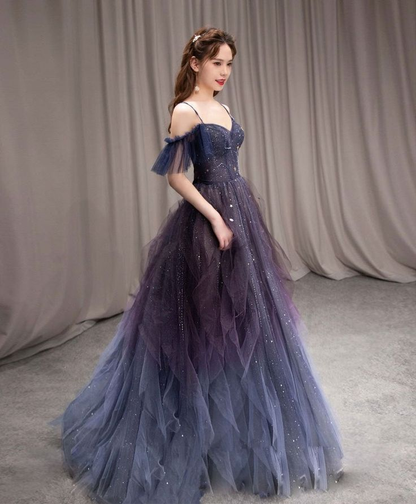 Dark starry sky ombre purple tulle long prom dress purple evening dress Y5847