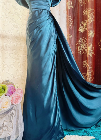 Gorgeous Navy Blue Off The Shoulder Satin Beaded Mermaid Long Evening Dress Formal Birthday Prom Dress SP1886