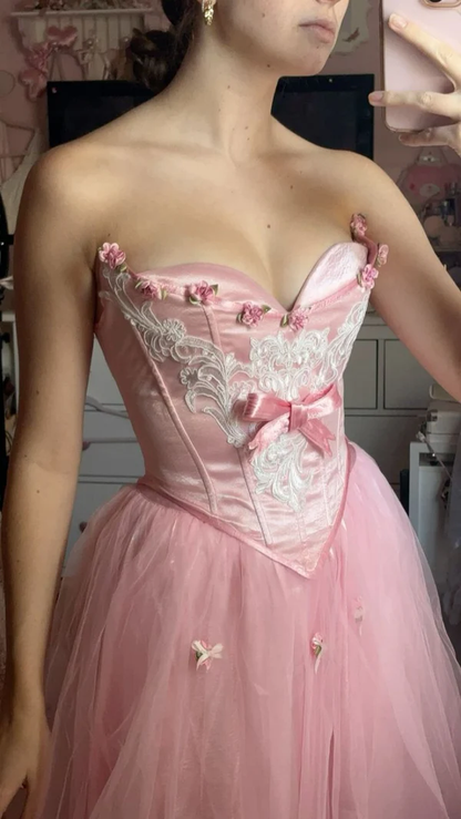 Cute Pink Strapless Satin Tulle Appliques A Line Long Birthday Prom Dresses Formal Wedding Guest Dress Party Gown