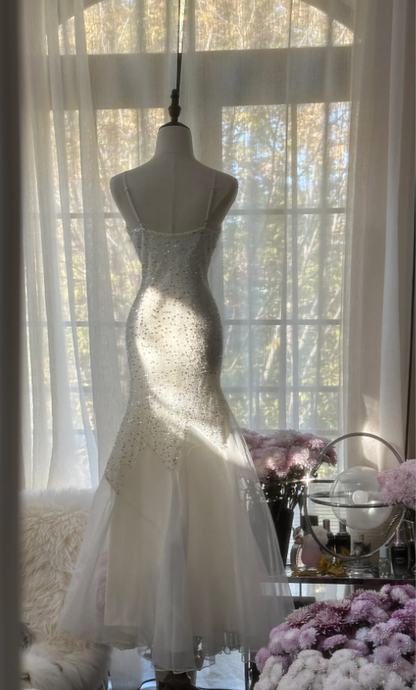 Shiny Spaghetti Straps White Chiffon Sequin Beaded Mermaid Long Wedding Guest Dress Party Dress D2106