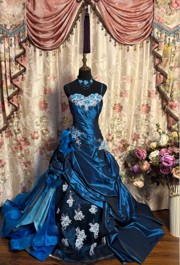 Pretty Blue Spaghetti Straps Satin Pleated Appliques Beaded Mermaid Evening Dress Long Prom Dress D2191