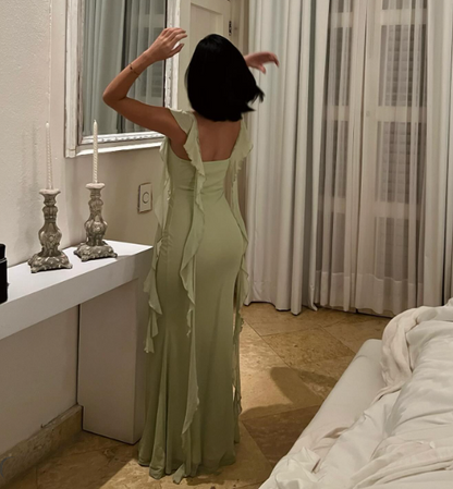 Cute Light Green Chiffon Ruffle Mermaid Wedding Guest Dress Formal Bridesmaid Dress D1092