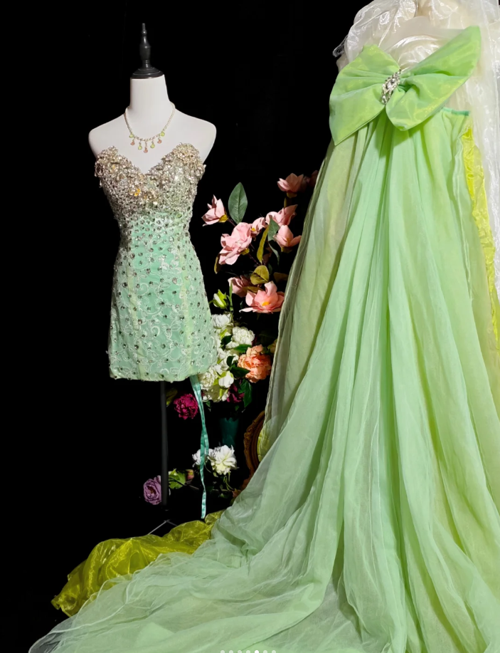 Unique Green Strapless Satin Tulle Beaded Long Birthday Party Dress Prom Gown