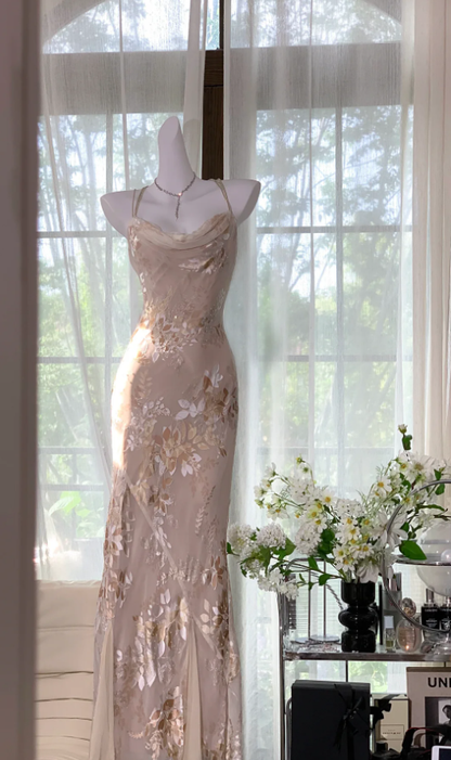 Pretty Spaghetti Straps Chiffon Print Floral Mermaid Long Party Dress Evening Gown