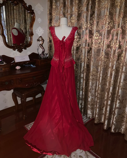 Glitter V Neck Sleeveless Satin Tulle Beaded Mermaid Long Evening Dress Party Gown