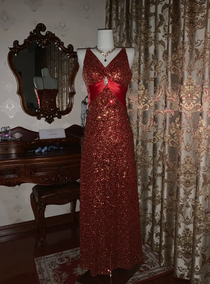 Vintage Red V Neck Sequin Beaded Mermaid Party Dress Long Evening Gown