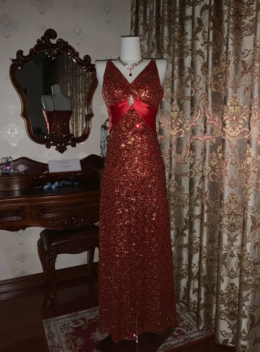 Vintage Red V Neck Sequin Beaded Mermaid Party Dress Long Evening Gown