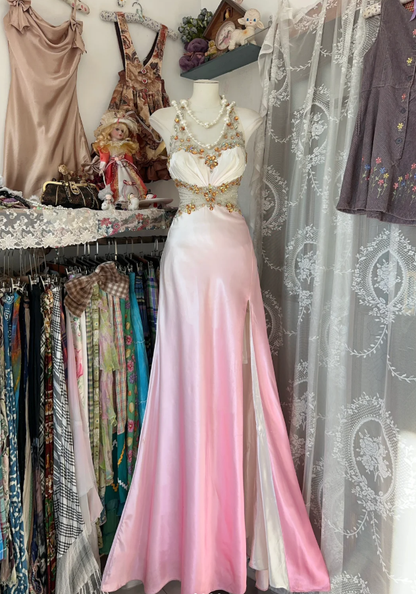 Pretty Ombre Pink Halter Satin Beaded Mermaid Long Birthday Party Dress Evening Gown