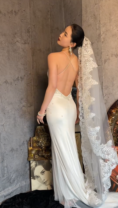 Elegant V Neck White Satin Tulle Beaded Mermaid Long Wedding Dress With Veil SP1256