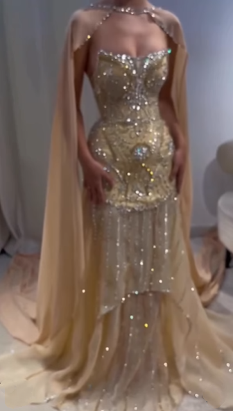 Glitter Yellow Chiffon Sequin Beaded Mermaid Evening Dress Long Birthday Prom Gown