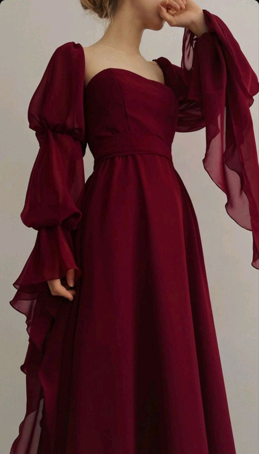 Beautiful Burgundy Vintage Romantic A-line Prom Dress Evening Dress Y2938