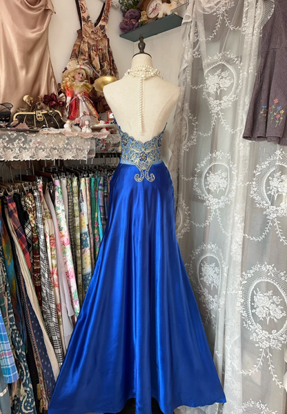 Gorgeous Royal Blue Halter Satin Beaded Mermaid Evening Dress Long Birthday Party Gown