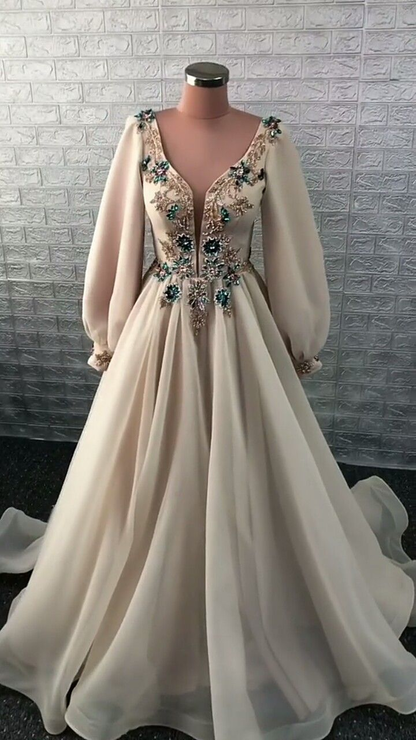 Elegant A-line V Neck Long Sleeves Prom Dress,Modest Prom Gown cc682