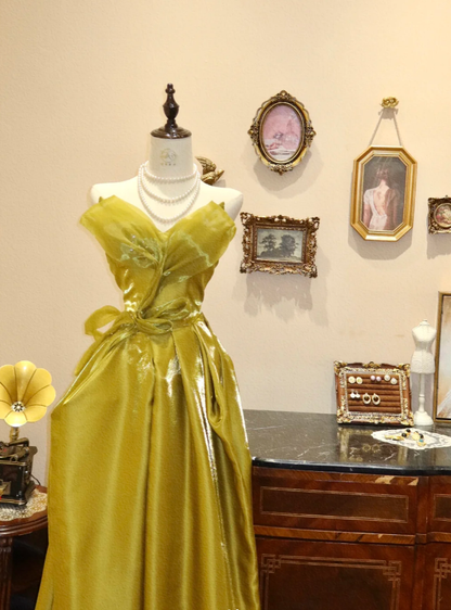 Unique Mustard Green Strapless Satin Tulle Pleated A Line Long Evening Dress Formal Wedding Guest Dress SP1662