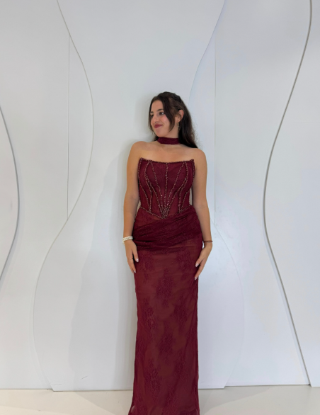 Vintage Burgundy Strapless Lace Beaded Long Wedding Guest Dress Formal Evening Dress Party Gown