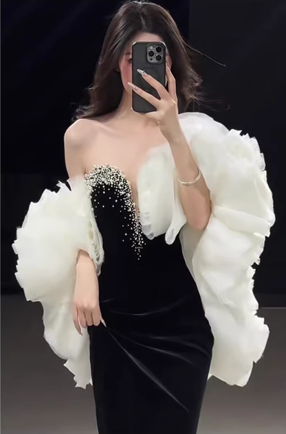 Gorgeous Strapless Black Velvet Beaded Mermaid Long Prom Dress Birthday Party Dress D2217