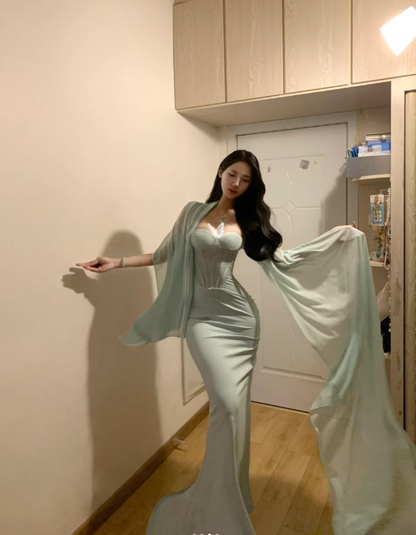 Classy Strapless Light Green Satin Mermaid Party Dress Long Evening Gown