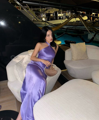 Sexy Halter Sleeveless Purple Satin Sheath Long Party Dress Formal Prom Gown