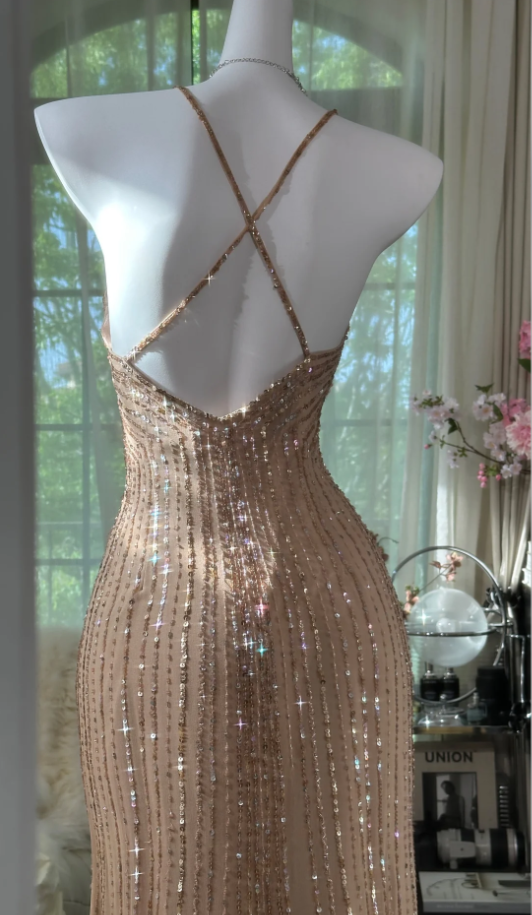 Sparkly Spaghetti Straps Chiffon Sequin Beaded Mermaid Long Party Dress Wedding Guest Dress D2098