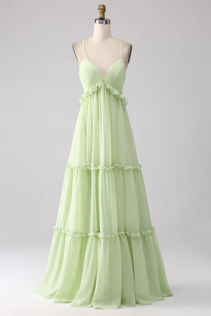 Sexy Ruffles A Line Dress V-neck With Lace-Up Back Prom Dresses GG007