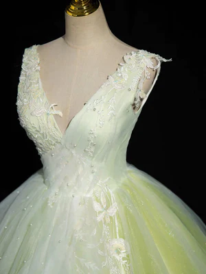 Elegant A Line V Neck Beaded  Lace Long Prom Dresses,  Lace Formal Dresses,  Evening Dresses  GG012