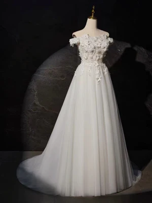 Delicate A Line Off the Shoulder White Lace Prom Dresses, White Lace Formal Evening Dresses  GG018