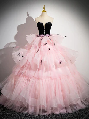 Gorgeous Beaded Pink Tulle Long Prom Dresses with Black Velvet top,Formal Evening Dresses, Ball Gown GG021