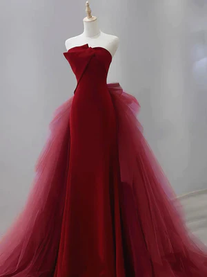 Elegant Strapless Burgundy Mermaid Long Prom Dresses, Wine Red Mermaid Long Formal Evening Dresses  GG025
