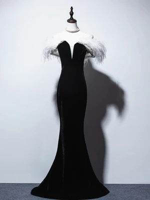 Elegant Black Velvet Mermaid Off the Shoulder Long Prom Dresses, Formal Evening Dress GG039