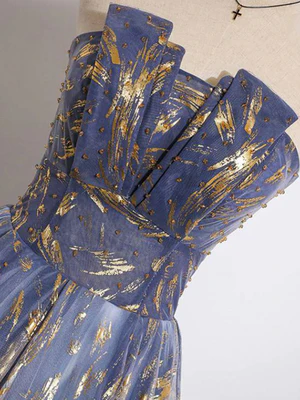 Elegant A Line Blue Ombre Long Lace Prom Dresses, Blue Long Lace Tulle Formal Evening Dresses GG041