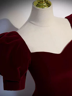 Elegant A Line Short Bubble Sleeves Burgundy Long Prom Dresses, Wine Red Long Formal Evening Dresses GG052