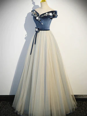 Delicate A Line Off the Shoulder Flower waist Navy Velvet Long Tulle Prom Dresses, Long Formal Evening Dresses GG057