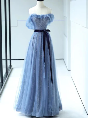Shiny A Line  Off the Shoulder Bow-knot Waist Blue Tulle Prom Dresses, Blue Long Formal Evening Dresses GG059