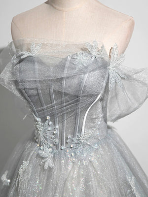 Shiny A Line Off The Shoulder Beaded Silver Gray Tulle Lace Prom Dresses, Silver Gray Long Lace Formal Evening Dresses GG061