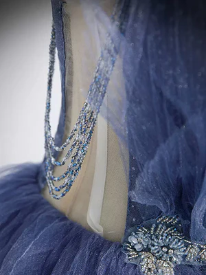 New Delicate A-line V Neck Blue Beaded Layered Tulle Long Prom Dresses, Blue High Low Formal Graduation Dresses GG065
