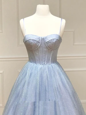 New Shiny  A Line Spaghetti Straps Sequin Light Blue Long Prom Dresses, Shiny Blue Formal Evening Dresses GG068