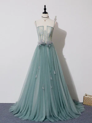 New Elegant A Line Spaghetti Straps  Lace Long Prom Dresses, Long Formal Evening Dresses  GG075
