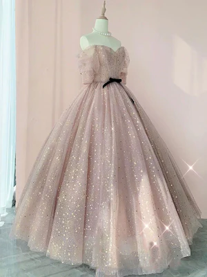 New Sweet A Line Off The Shoulder Half Sleeves Shiny Pink Sequin Prom Dresses, Shiny Pink Long Formal Evening Dresses GG076