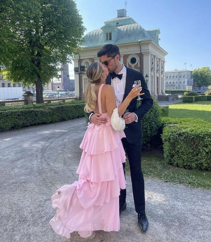 Cute A Line Halter Pink Tiered Chiffon Long Prom Dress,Evening Dress GG1019