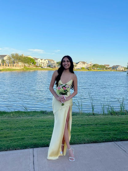 Sexy Mermaid Spaghetti Straps Pastel Yellow Satin Slit Long Prom Dress,Evening Dress GG1104