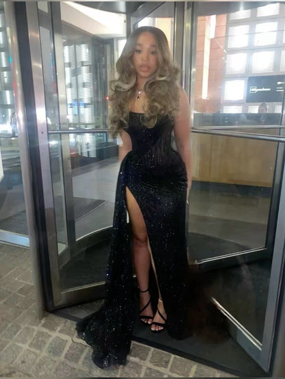 Glitter Mermaid Strapless Black Sequin Beaded Slit Long Prom Dress,Evening Dress GG1125