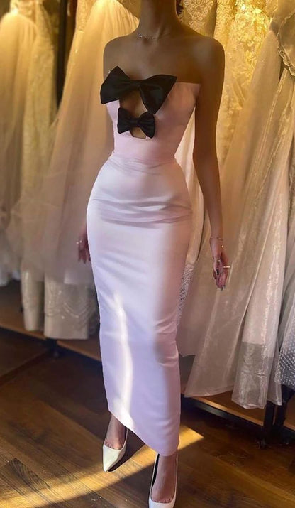 Charming Mermaid Strapless Pink Satin With Bow Long Prom Dress,Evening Dress GG1138