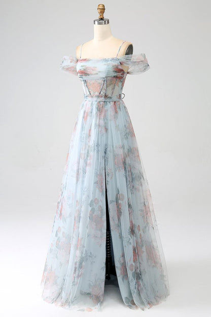 New Beautiful A-Line Blue Printed Cold Shoulder Long Corset Prom Dress With Slit, Evening Dress GG118