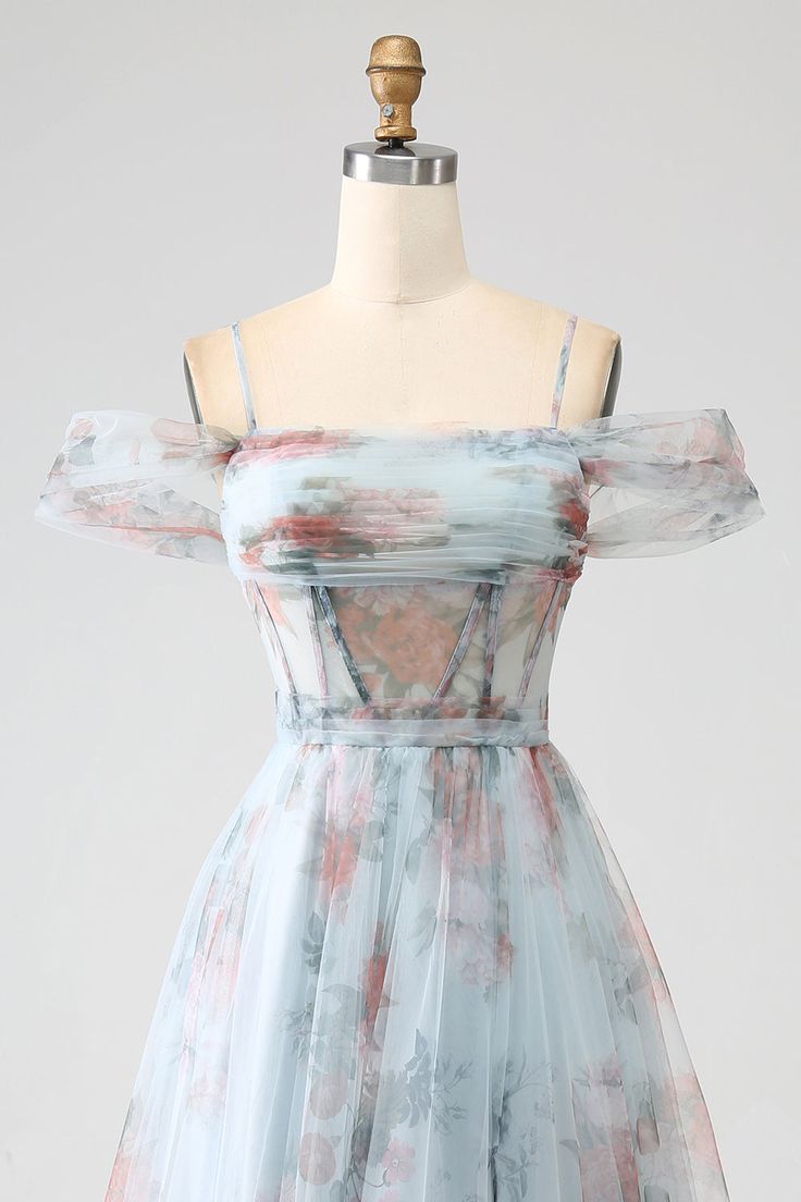 New Beautiful A-Line Blue Printed Cold Shoulder Long Corset Prom Dress With Slit, Evening Dress GG118