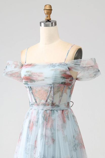 New Beautiful A-Line Blue Printed Cold Shoulder Long Corset Prom Dress With Slit, Evening Dress GG118