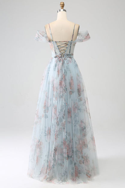 New Beautiful A-Line Blue Printed Cold Shoulder Long Corset Prom Dress With Slit, Evening Dress GG118