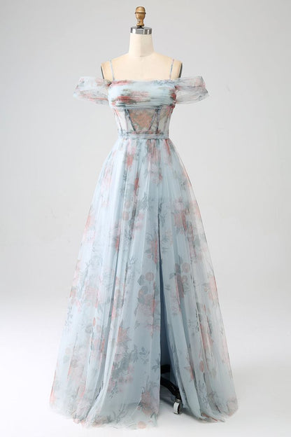New Beautiful A-Line Blue Printed Cold Shoulder Long Corset Prom Dress With Slit, Evening Dress GG118