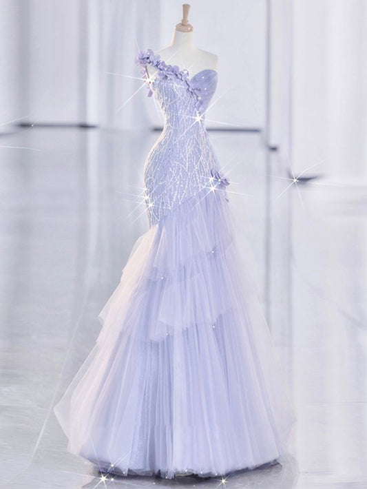 Gorgeous Mermaid One Shoulder Sweetheart Lilac Tulle Sequin Long Prom Dress,Evening Dress GG1223