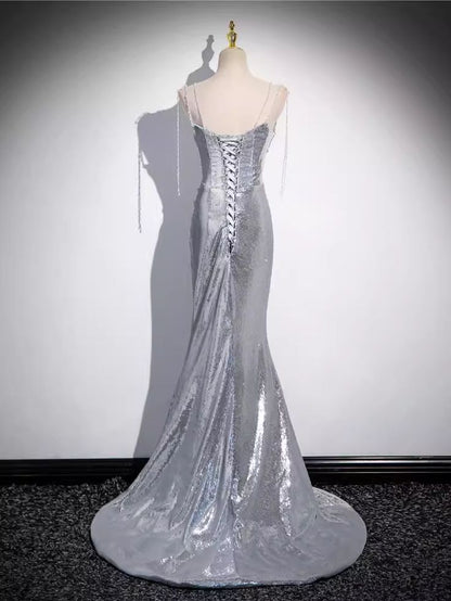 Shiny Mermaid Spaghetti Straps Silver Sequin Long Prom Dress,Evening Dresses GG128