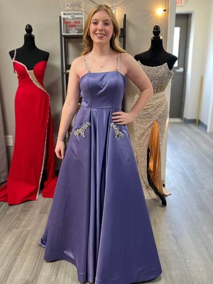 Chic A Line Beaded Straps Purple Satin With Pocket Long Prom Dress,Evening Dress GG1308